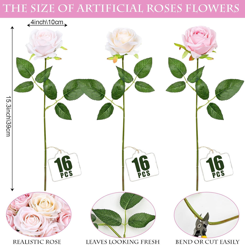 48 PCS Champagne & Pale & Light Pink Roses Artificial Flowers