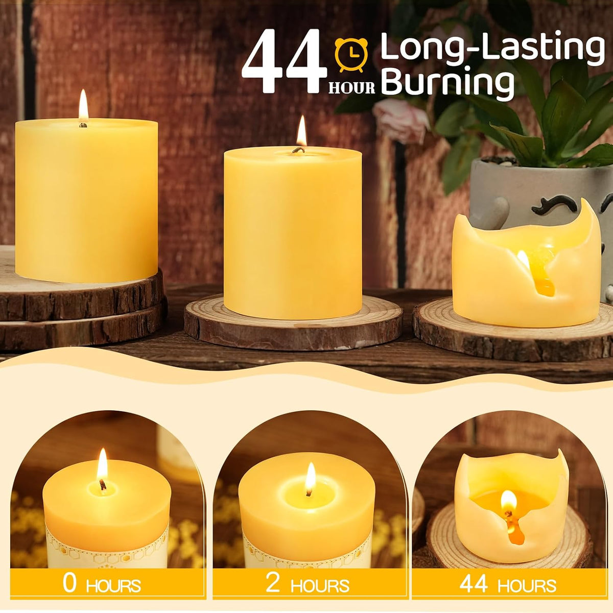 Natural Beeswax Pillar Candles,Non Toxic,2.8x3 inch,3 Pack,132 H Long Burn