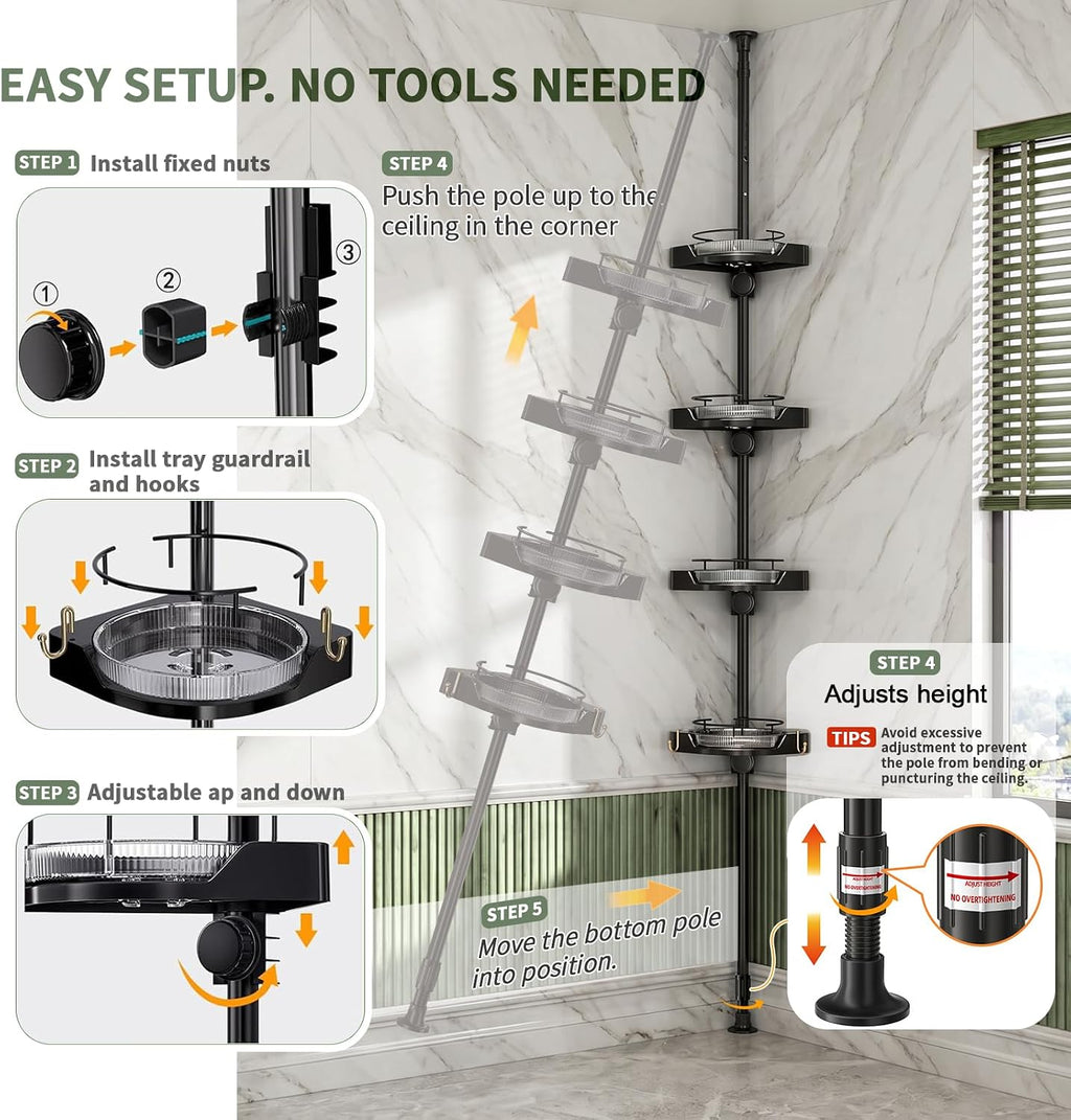 360° Rotating Tension Pole Caddy – 4-Tier Corner Shower Organizer, Height Adjustable 33"–124", Space-Saving for Bathroom, Kitchen Counter, Cabinet Gaps & Bathtub (black)