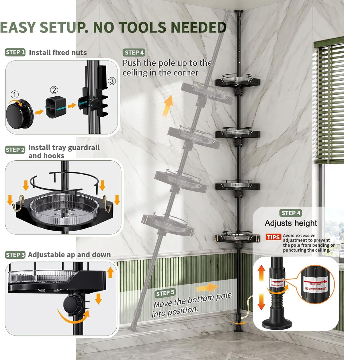360° Rotating Tension Pole Caddy – 4-Tier Corner Shower Organizer, Height Adjustable 33"–124", Space-Saving for Bathroom, Kitchen Counter, Cabinet Gaps & Bathtub (black)