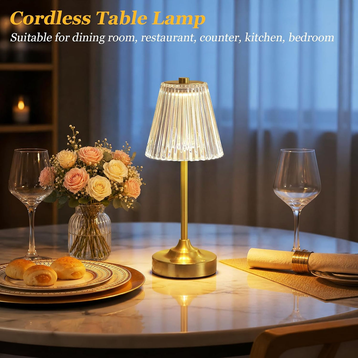 Kakanuo Gold Cordless Rechargeable Table Lamp, Touch Battery Powered Lamp, 3 Color Modes, Crystal Acrylic Lampshade, Portable Ambient Night Light for Desk, Bedroom, Dining Room, Kitchen, Bar (2 Pack)