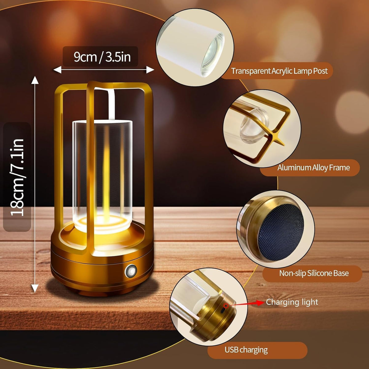 Rechargeable Table Lamp, 4000mAh Battery Cordless Lamp (Gold-2 )