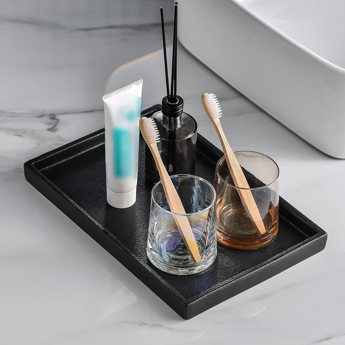 Ceramic Makeup Tray Redelaenor, Black Bathroom Accessories Holder for Kitchen Sink Organizer and Home Decorative Tray Rectangle Small Bathroom Sink Trays for Counter