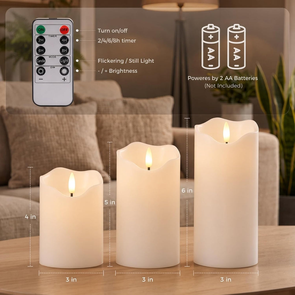 Goodluck Real Paraffin Wax Flameless Pillar Candles Set of 3, White