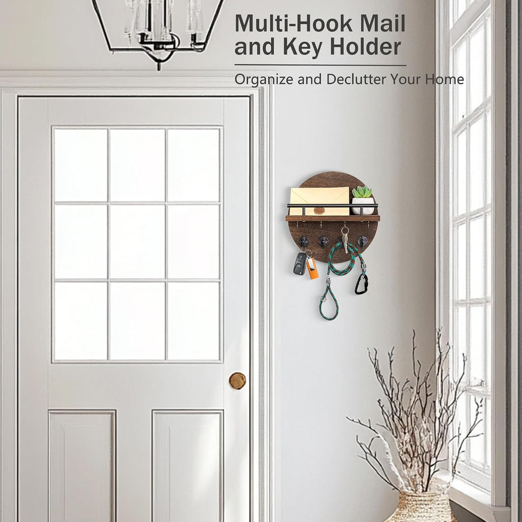 10.2" Key Holder Wall Mount with Shelf & Mail Organizer, 8 Hooks Brown