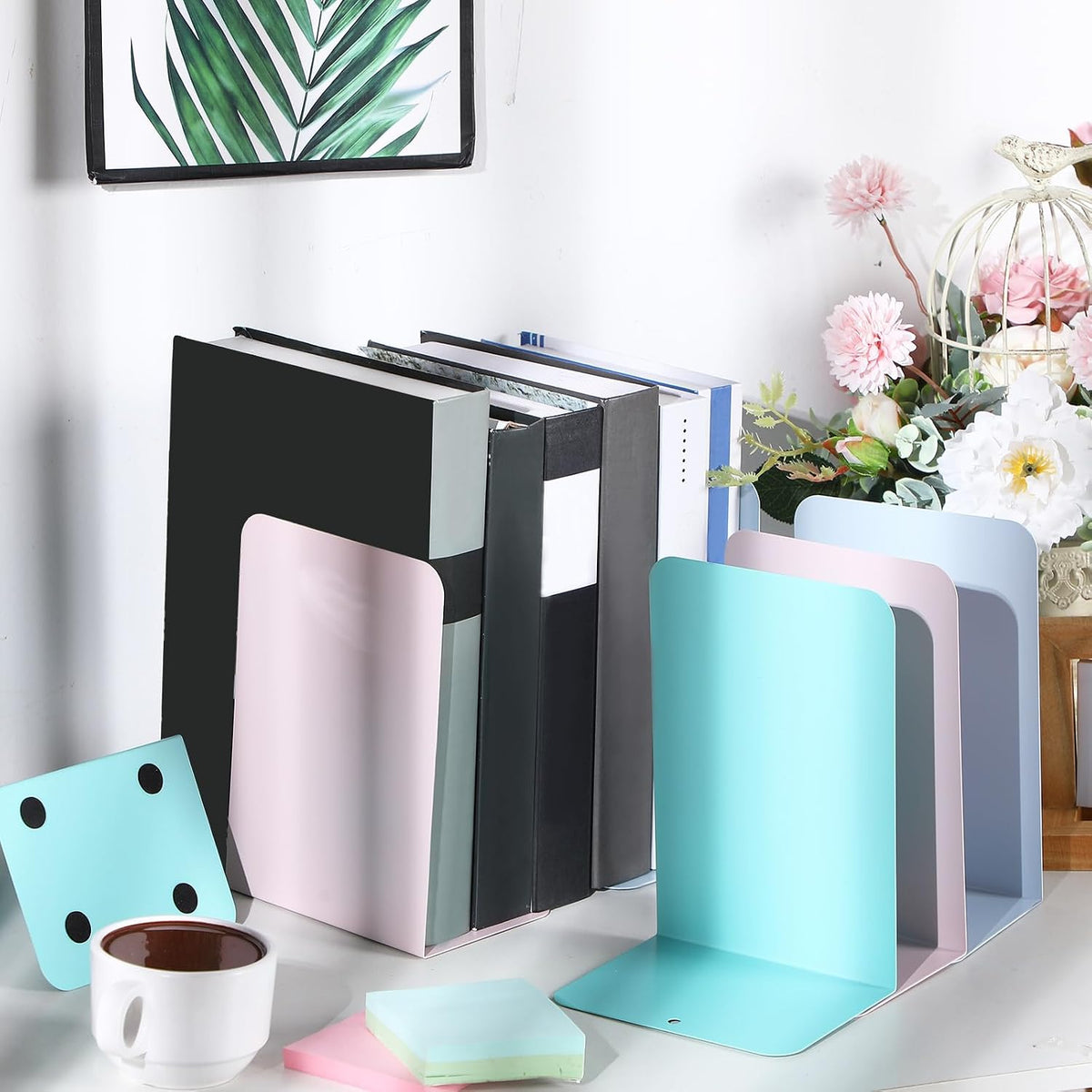 Beeveer 6 Pairs Metal Bookends for Shelves Office Library, Macaron Colors