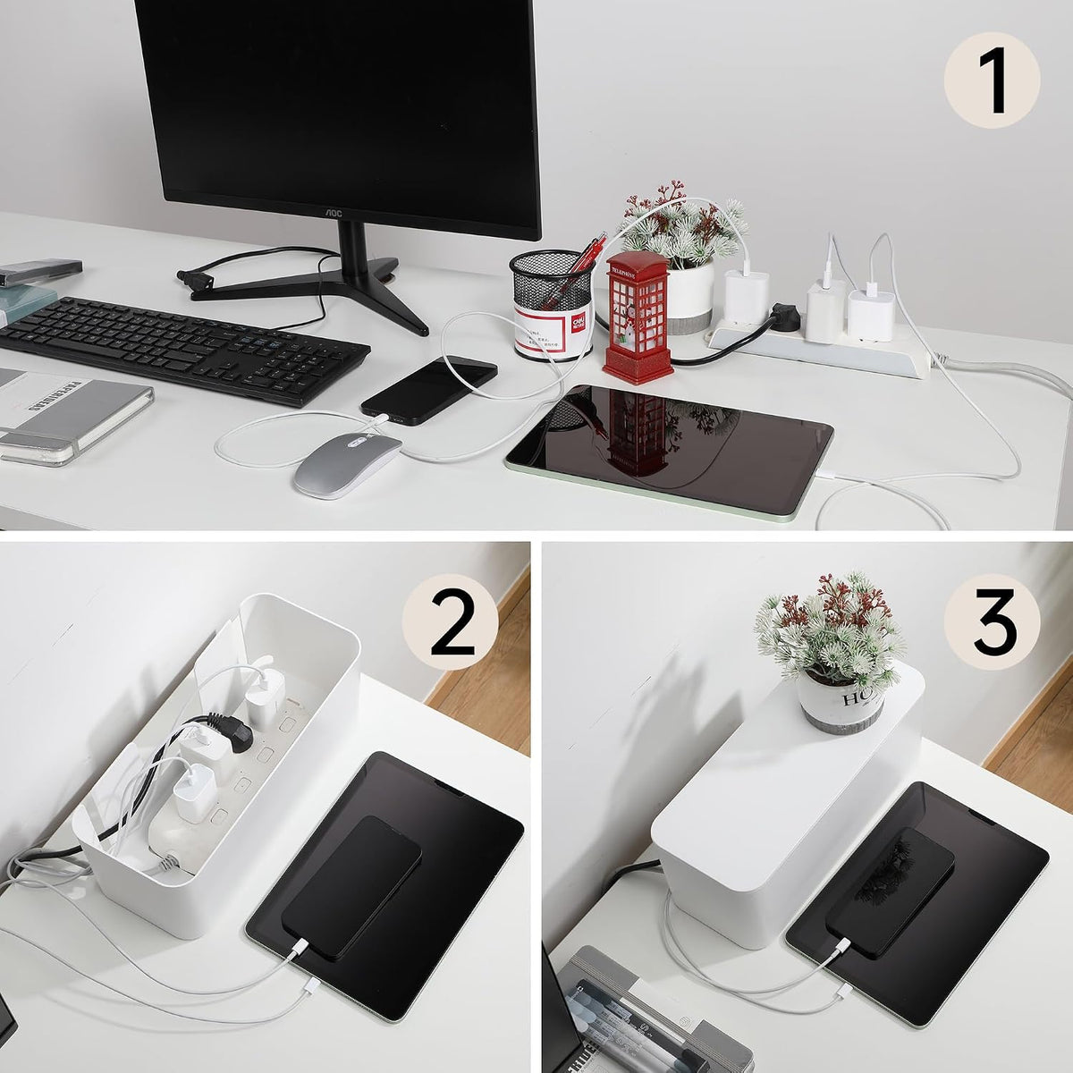 YECAYE 2 Pack Cable Management Box, Pet Friendly Cable Box Organizer for Home & Office, Child-Proof Floor Cord Cover, Cord Management and Cord Hider, White