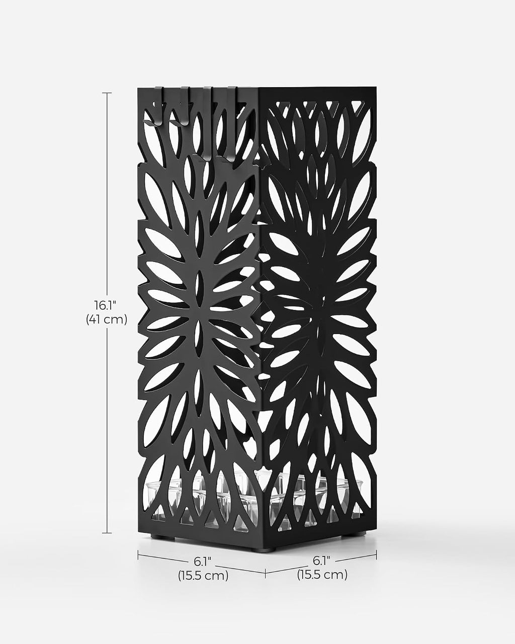 SONGMICS Umbrella Stand, Steel Square, Detachable Drip Tray, 4 Hooks