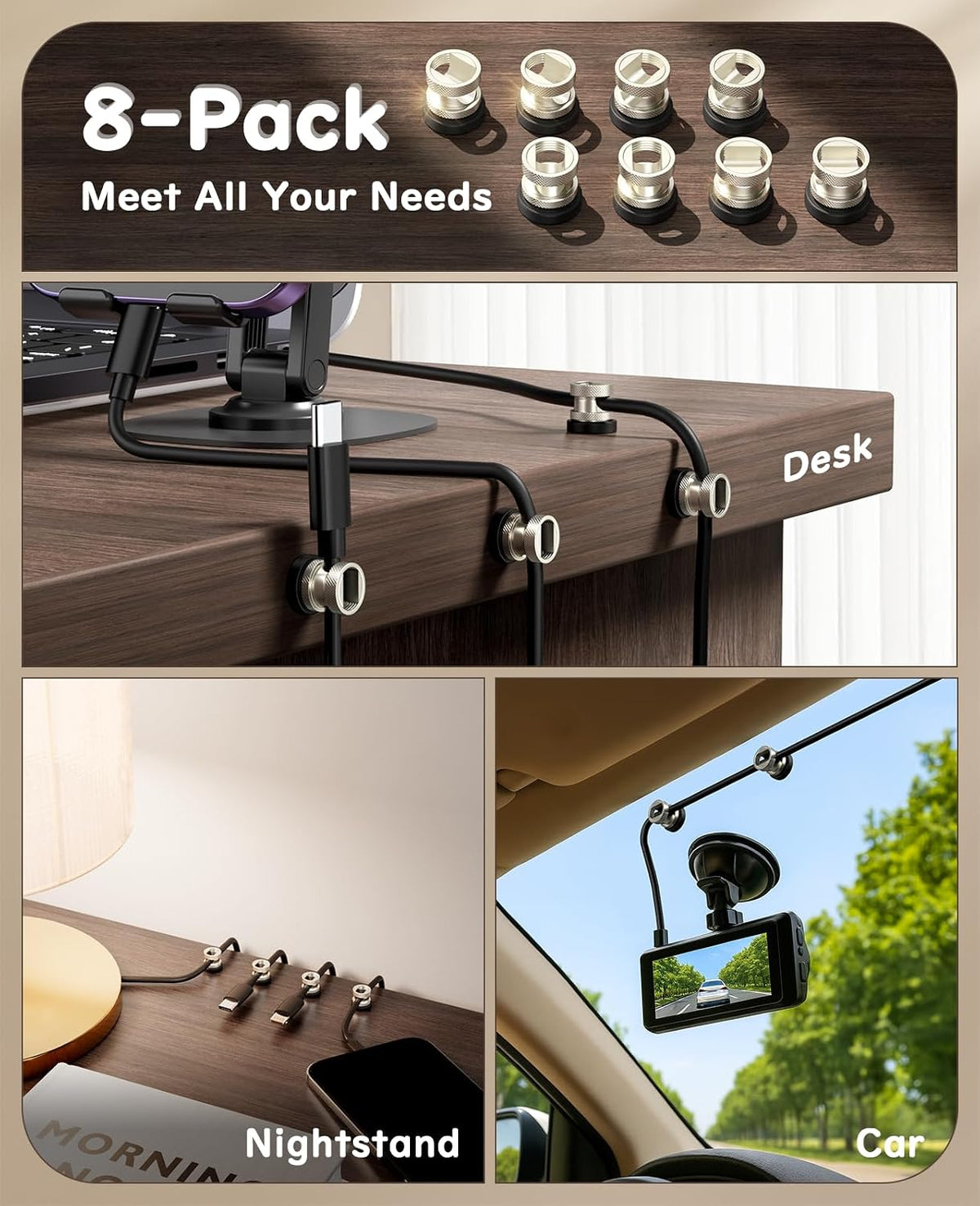 Maveek Magnetic Cable Clips 8Pcs, Stainless Steel Cord Anchor, Metal Silver
