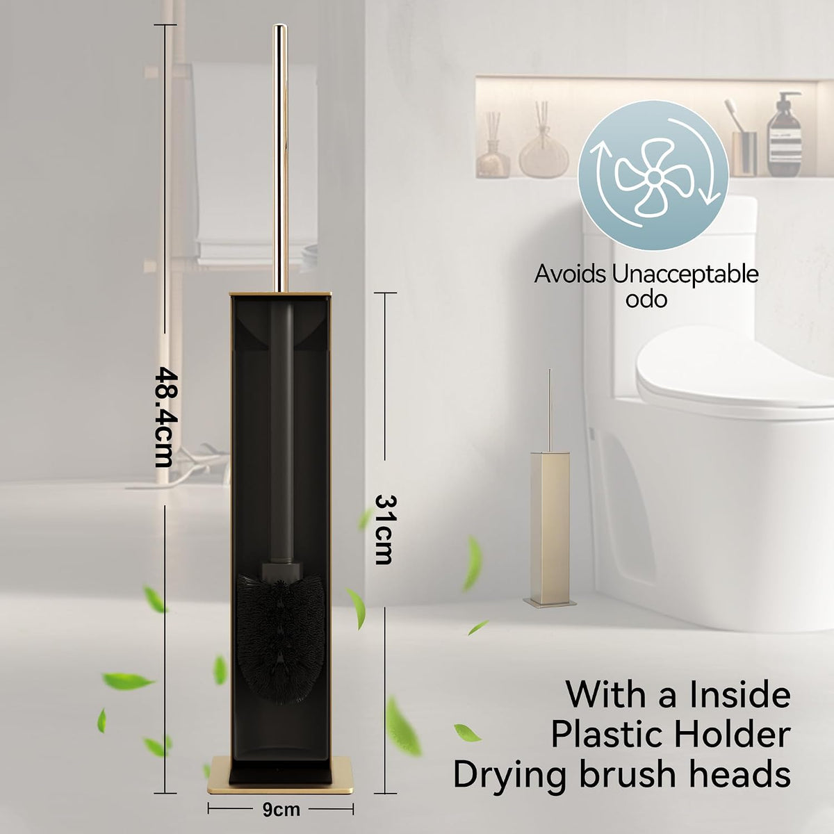 Gold Toilet Brush with Holder 304 Stainless Steel Toilet Bowl Brush, Square Bathroom Cleaner Brush