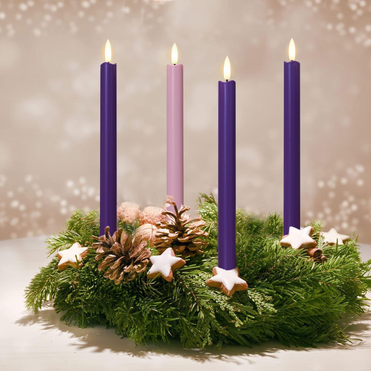 Stmarry Flameless Advent Candles, Set of 4 - Flickering LED Flame, 10 Inch Taper Candlesticks, Remote Controlled, Purple and Pink Color for Christmas Wreath