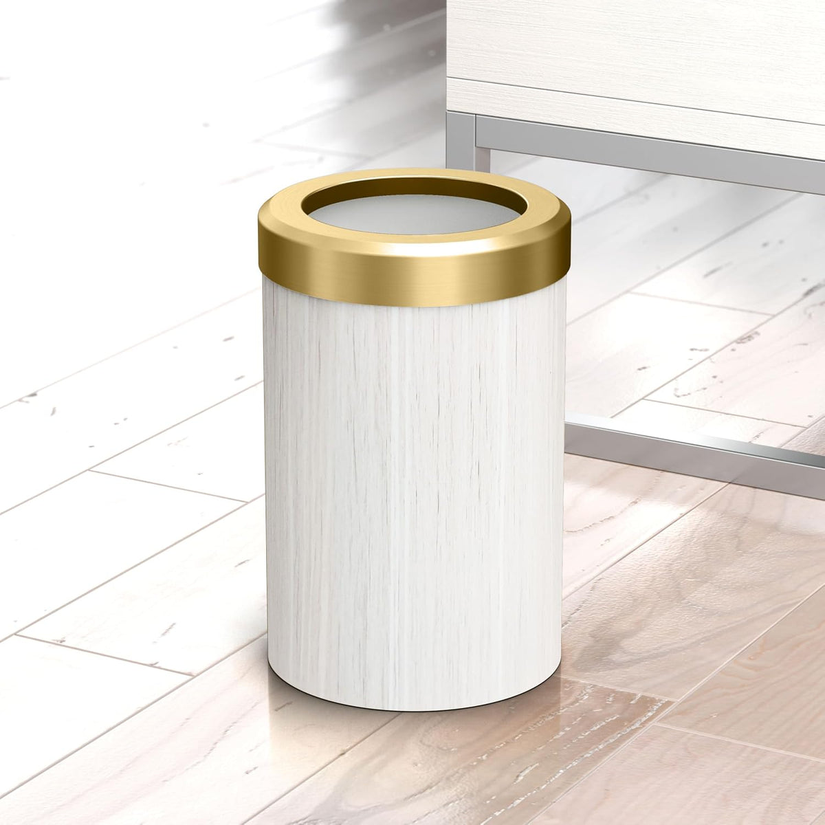Gatco Small Bathroom Trash Can with Lid, Round 3 Gallon Wastebasket, Under Sink, White Oak with Brushed Brass, for Bathroom, Bedroom, Office (1932B)