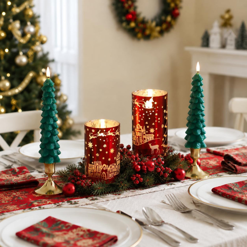 MUMCHASI Chritsmas Flameless Candles, Battery Operated Christmas Candles, Real Wax Glass Flickering LED Candles, Tree Candlestick for Home Christmas Decor, Remote Timer