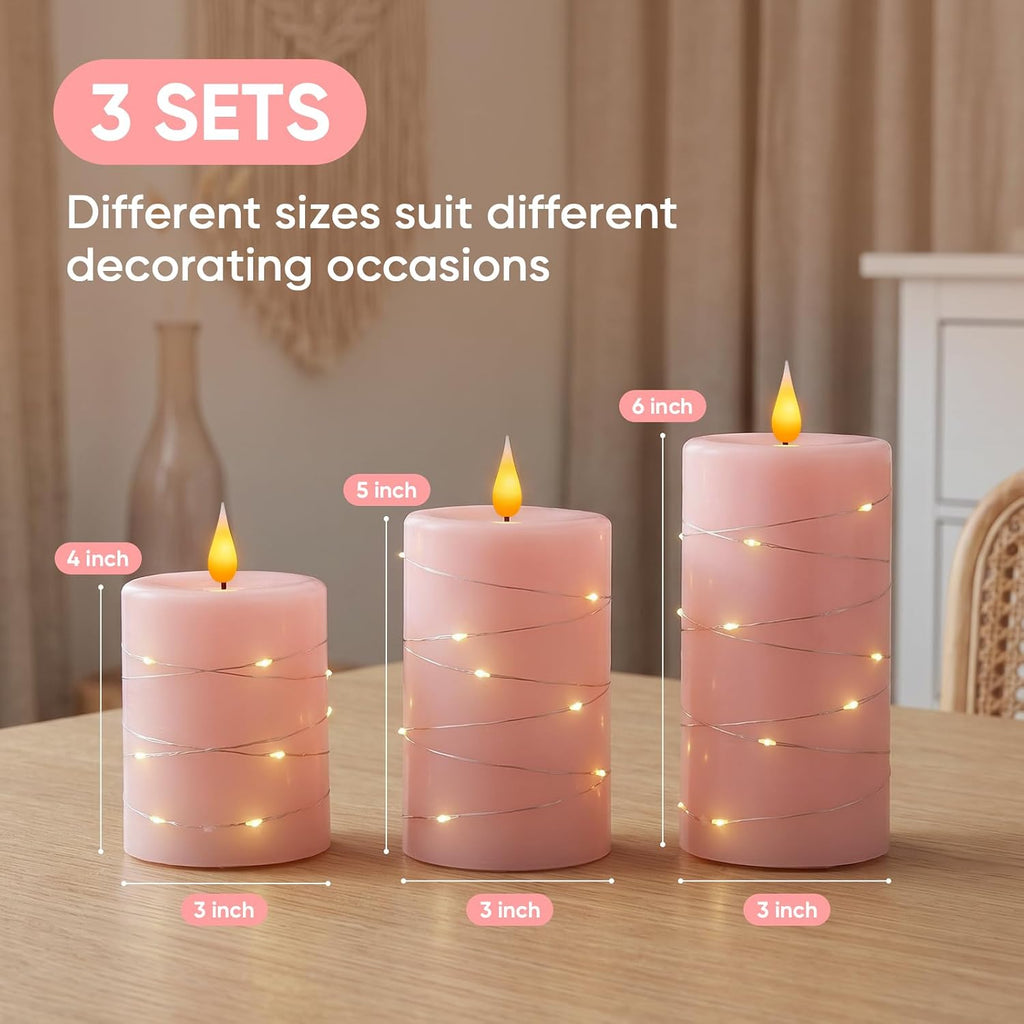 Amagic Real Wax Flameless Candles with Embedded String Lights Set of 3 Pink