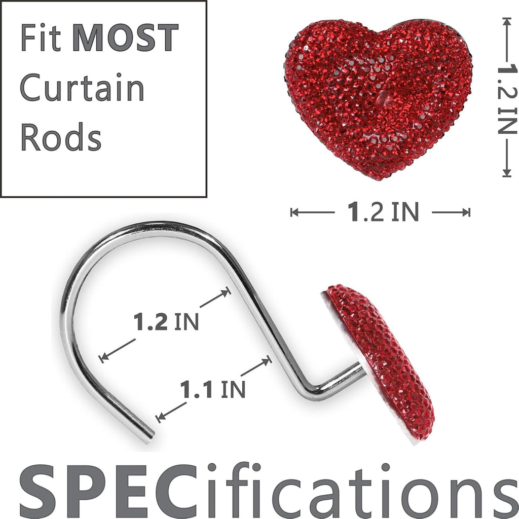 Red Bling Shower Curtain Hooks: Cute Heart Bathroom Curtain Rings, 12Pcs