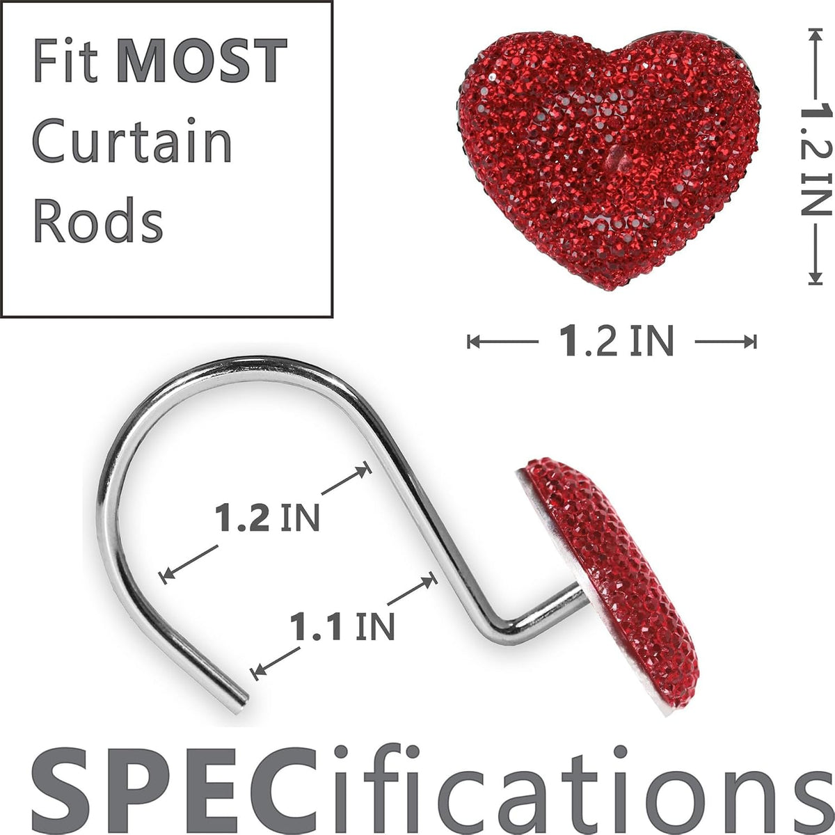 Red Bling Shower Curtain Hooks: Cute Heart Bathroom Curtain Rings, 12Pcs