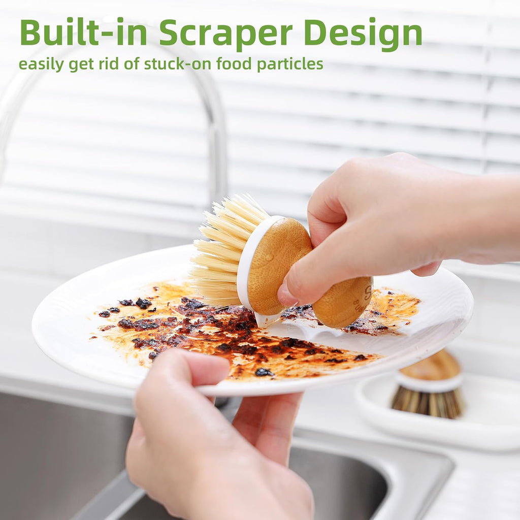 Bamboo Dish Brush,Sisal Brush with Scraper,2 Pack with Ceramic Holder