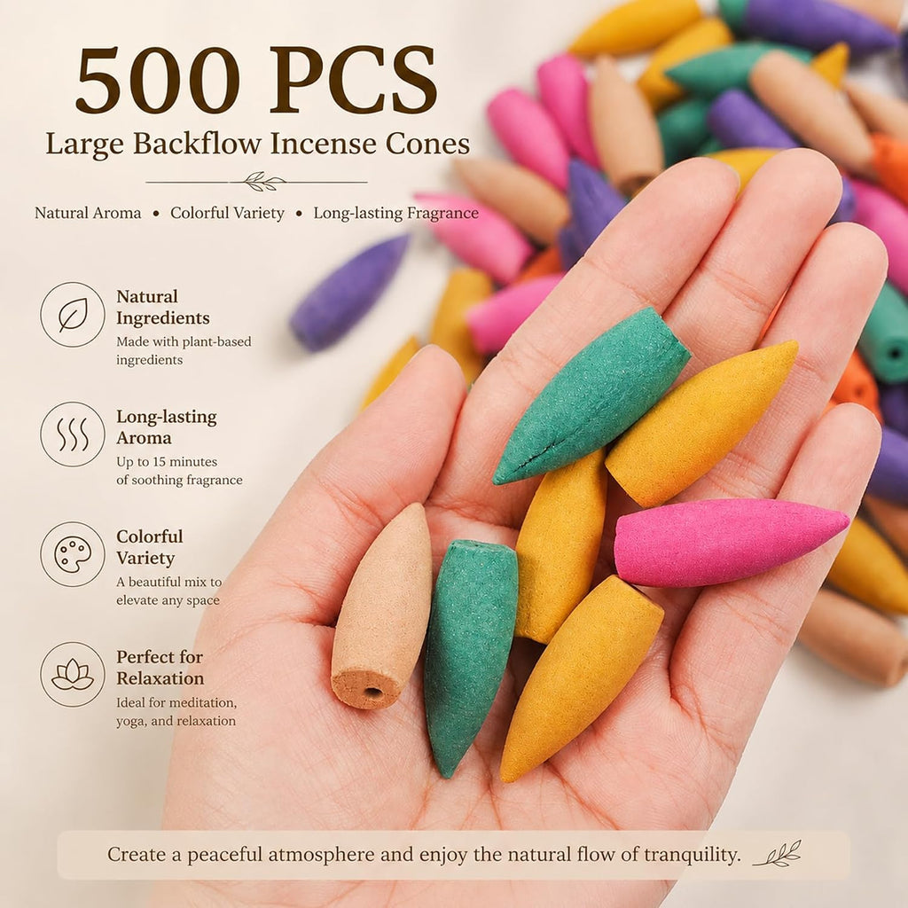 500Pcs Large Backflow Incense Cones for Waterfall - Natural Scents for Waterfall Incense Fits All Backflow Incense Burners, Meditation Yoga Aromatherapy, Scented Cones