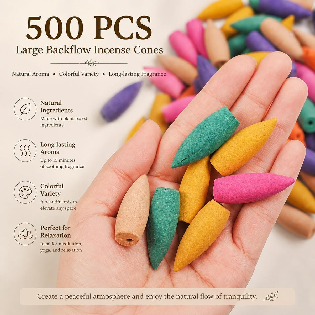 500Pcs Large Backflow Incense Cones for Waterfall - Natural Scents for Waterfall Incense Fits All Backflow Incense Burners, Meditation Yoga Aromatherapy, Scented Cones