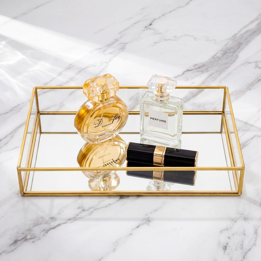 Lyellfe 2 Pack Perfume Trays, Decorative Gold Mirror Tray