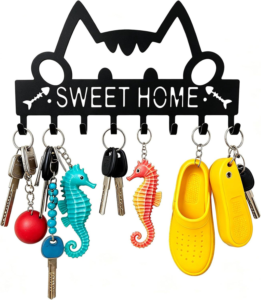 8 Hooks Entryway Wall Key Holder, Metal Key Rack Wall Mount for Keys, Bags and Leashes, Decorative Organizer for Entryway, Mudroom or Hallway, Sweet Home Design, 11 x 6.3 Inches, Black
