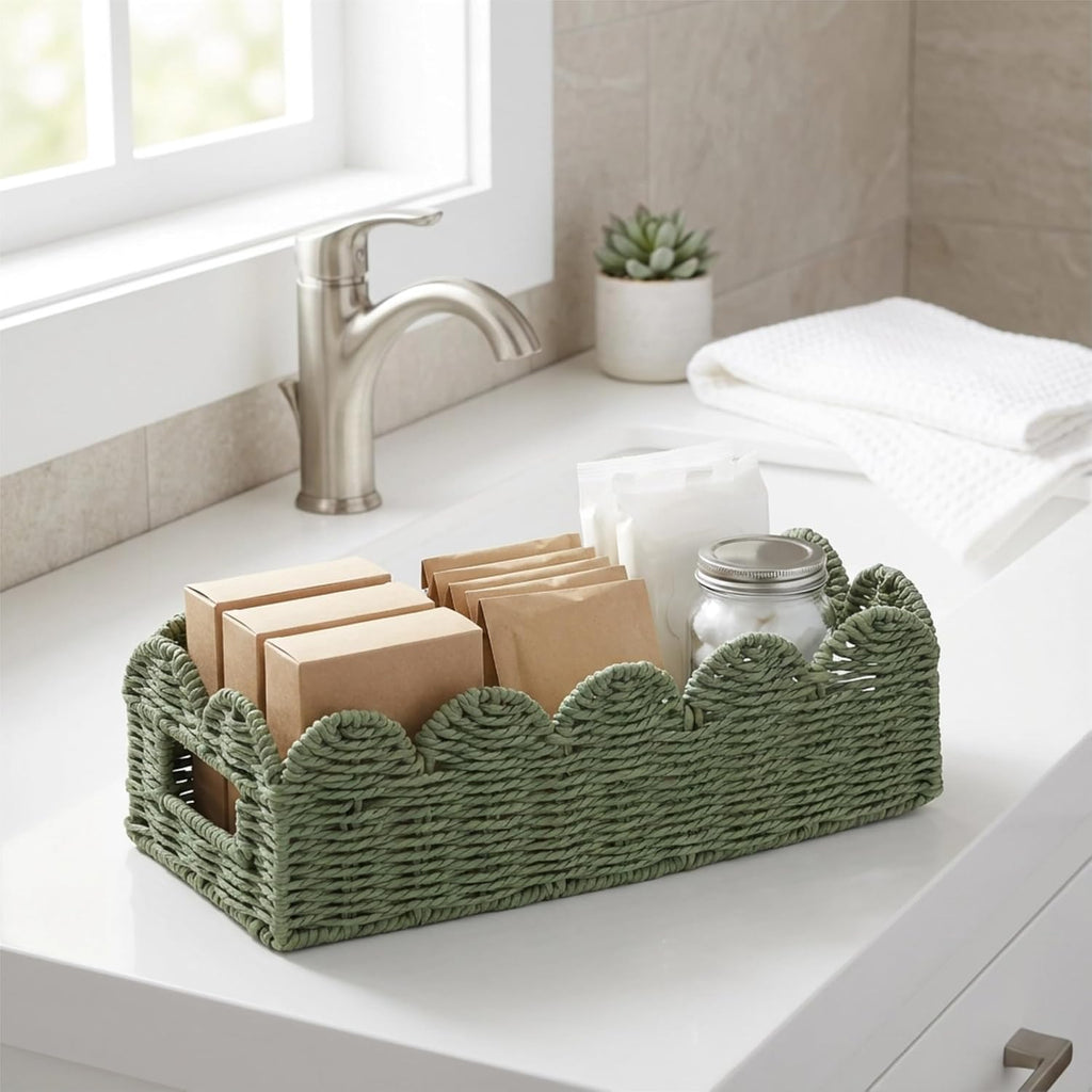 Sage Green Scalloped Basket, Toilet Tank Tray, Back of Toilet