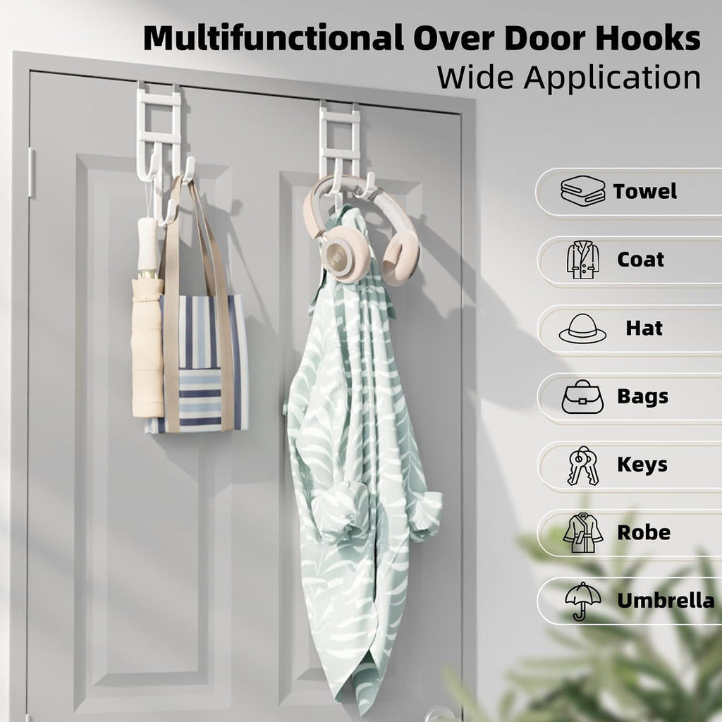 2 Packs Over-the-Door Hooks, Fits 1 1/2 Inch Interior Doors, No Installation Required, 100 Lb Heavy Duty with Rubber Anti-Scratch, Space-Saving Hangers for Bathroom, Bedroom, Kitchen, Office, White