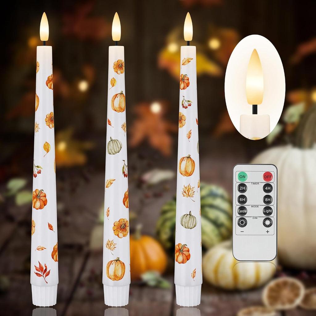 Fall Flameless Taper Candles, Pumpkin & Maple Leaf Battery Operated Candles