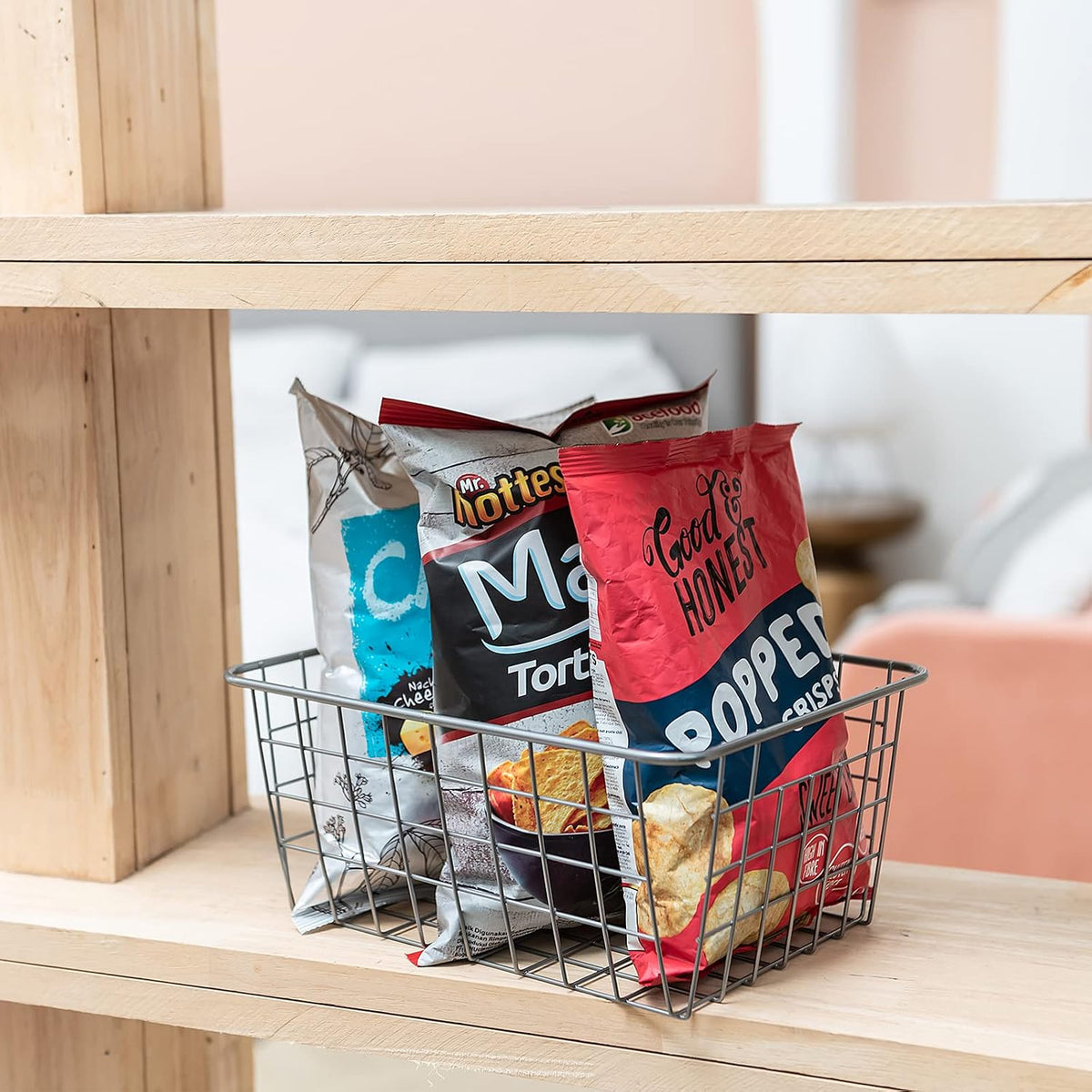 JUNCHU CHERRY Wire Kitchen Storage Basket 4 Packs,Perfect Pantry Organization Accessories Baskets,Laundry Basket,Countertop Organiztion,Suitable for Kitchen,Bathroom,Bedroom,Tabletop,Stackable,Silver
