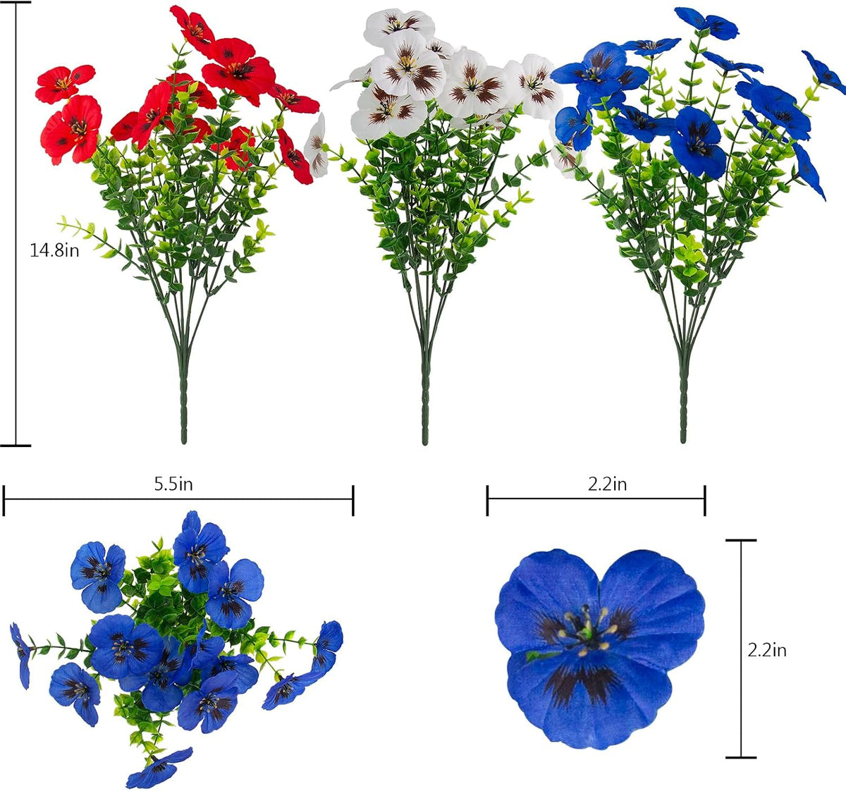 lovemoon 2 Sets Artificial Hanging Pansies Flowers with Baskets, 24 Pcs Faux Patriotic Silk Pansy Outdoor Flower for Porch Patio Garden Home Summer 4th of July Decor (2, RedWhiteBlue)