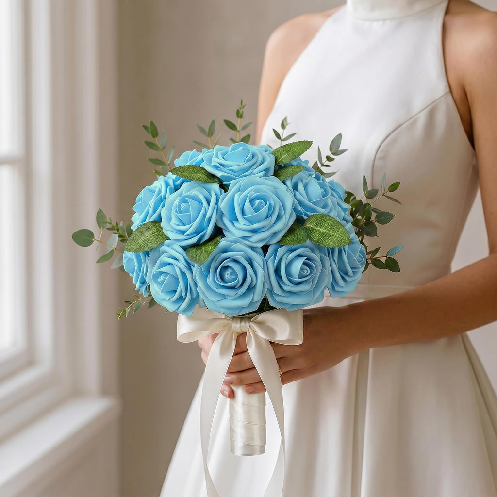 XIANNVXI 16Pcs Light Blue Artificial Rose Flowers