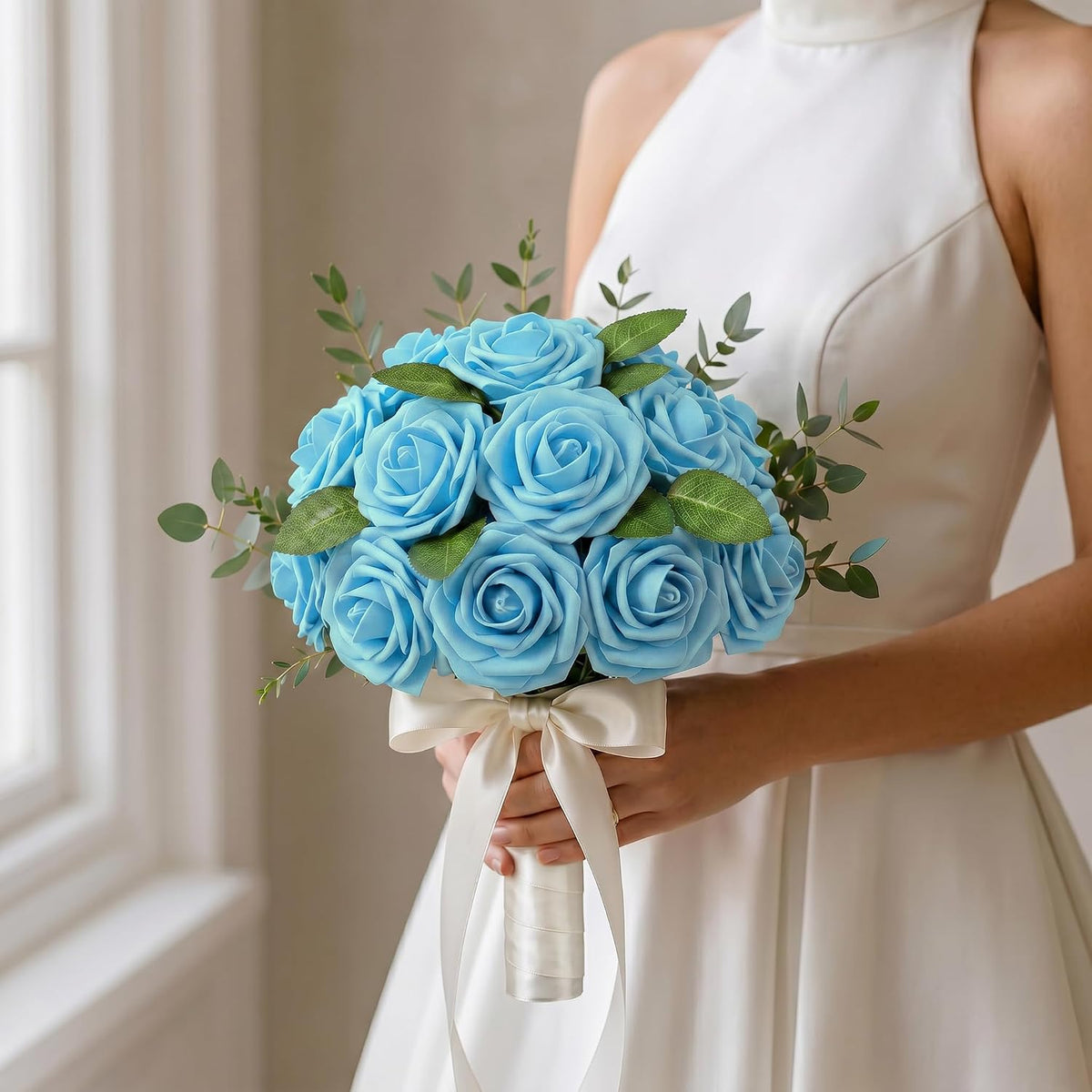 XIANNVXI 16Pcs Light Blue Artificial Rose Flowers