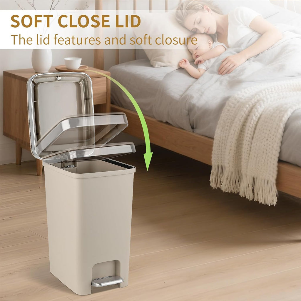 UUJOLY Small Bathroom Trash Can with Lid Step Pedal, 2.6 Gallon, Khaki