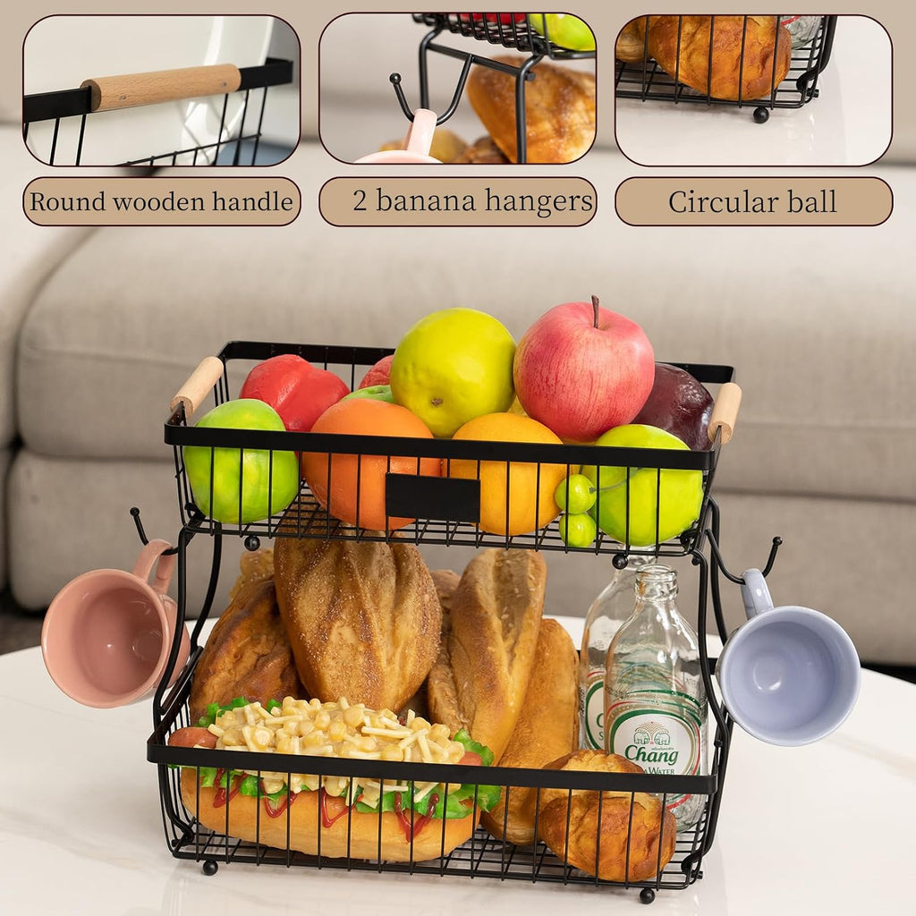 2 Tier Fruit Basket with 2 Banana Hangers, Fruit Bowl for kitchen counter with Wooden Handle, Detachable Large Capacity Fruit Holder Stand for Vegetable Bread Snack Produce Storage
