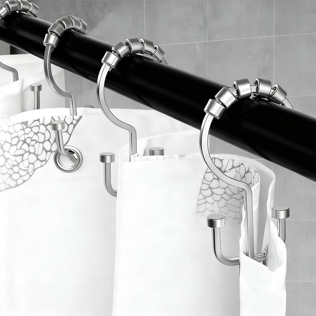 BBV Shower Curtain Hooks Rings, 12 Pcs Rust Resistant Metal Double Glide Shower Hooks for Bathroom Shower Rods Curtains (Chrome)