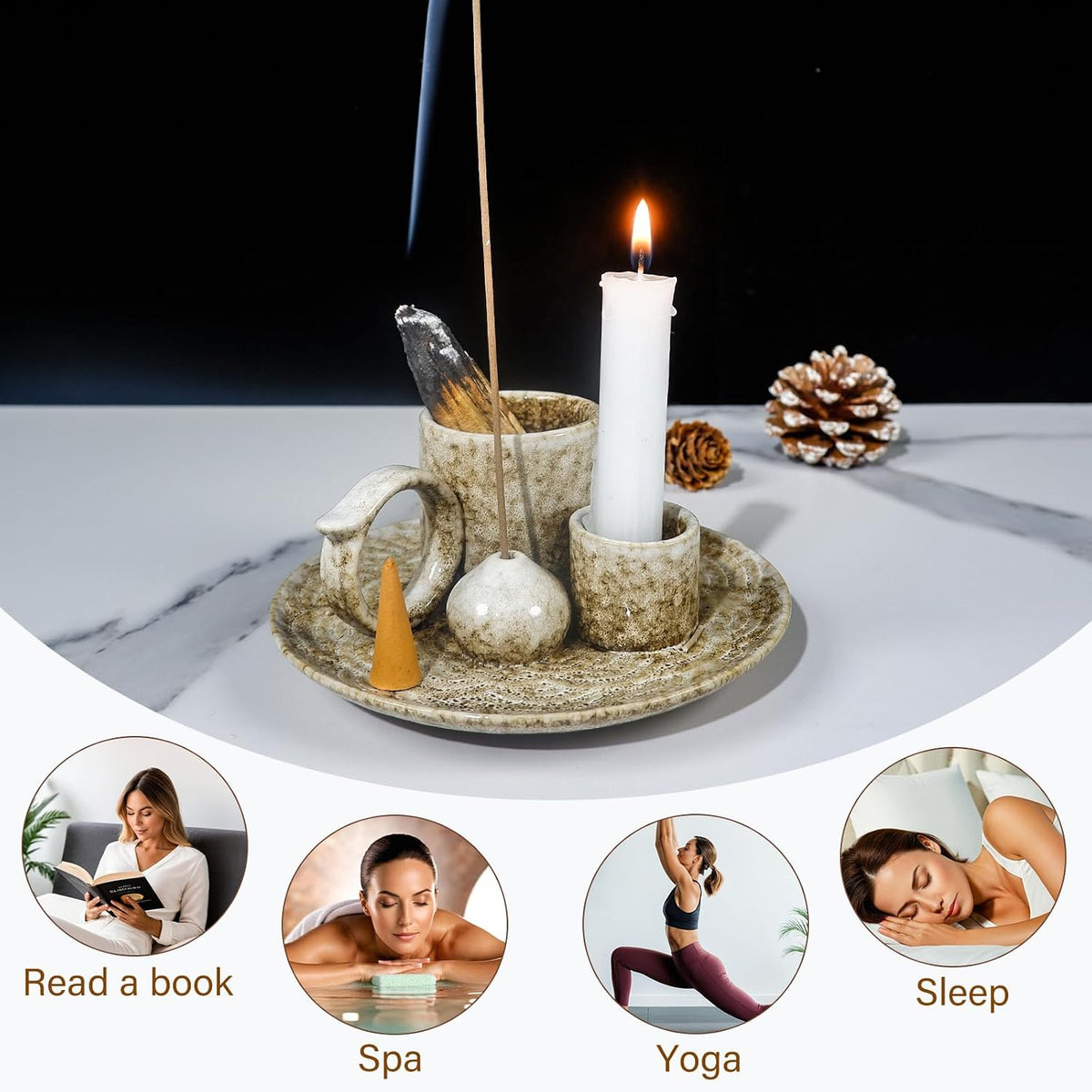 5 in 1 Ceramic Tabletop Incense Burner Holder for Palo Santo , Sage, Cones