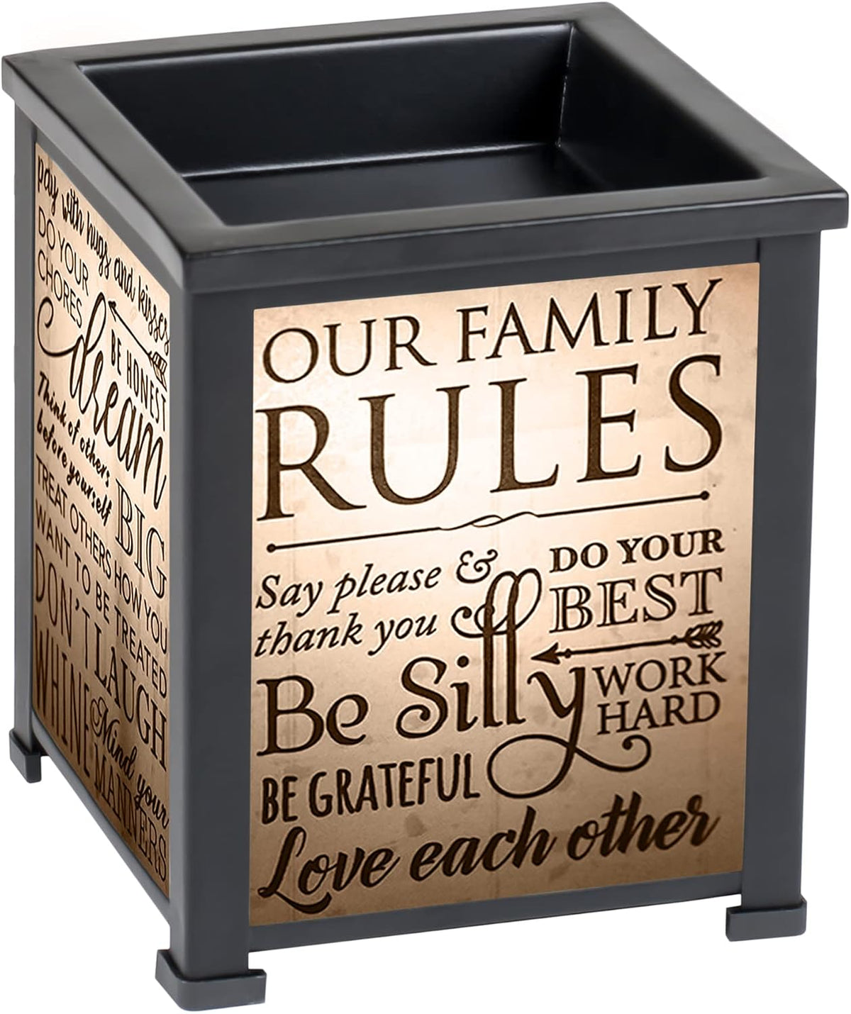 Elanze Designs Family Rules Love Each Other Dream Big Black Metal Electrical Wax Tart & Oil Glass Lantern Warmer