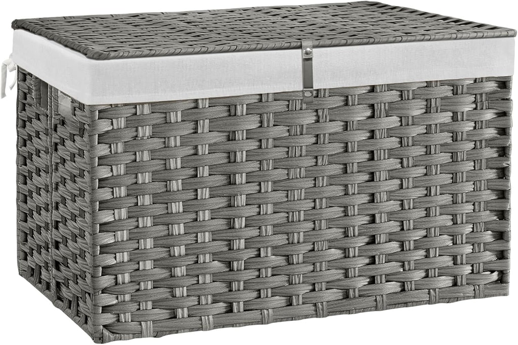 180L Wicker Storage Basket with Lid, Handwoven Rattan Large Shelf Basket with Removable Liner, 47.6 Gallon Wicker Basket for Blanket, Storage Trunk with Handle for Closet, Bedroom, Livingroom, Grey