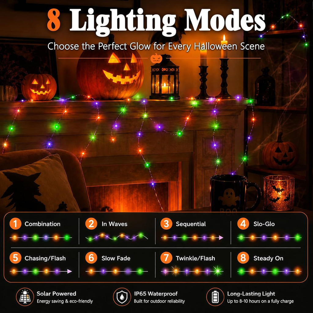 cshare Halloween Solar Fairy Lights 2 Pack 16.4FT 50LED Each, Orange Purple Green Halloween Lights Waterproof Outdoor Black Wire String Lights for Yard Porch Garden Fence Tree Decor