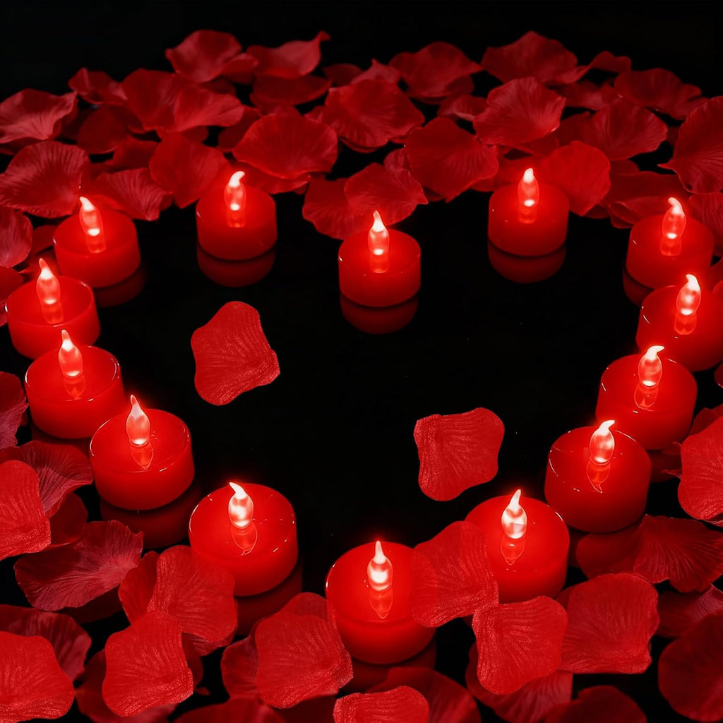 500 Pcs Red Rose Petals with 12 Red LED Tea Lights Candles Set, Artificial Rose Petals and Flameless Candles Set for Anniversary, Valentine's Day, Wedding Christmas Decor