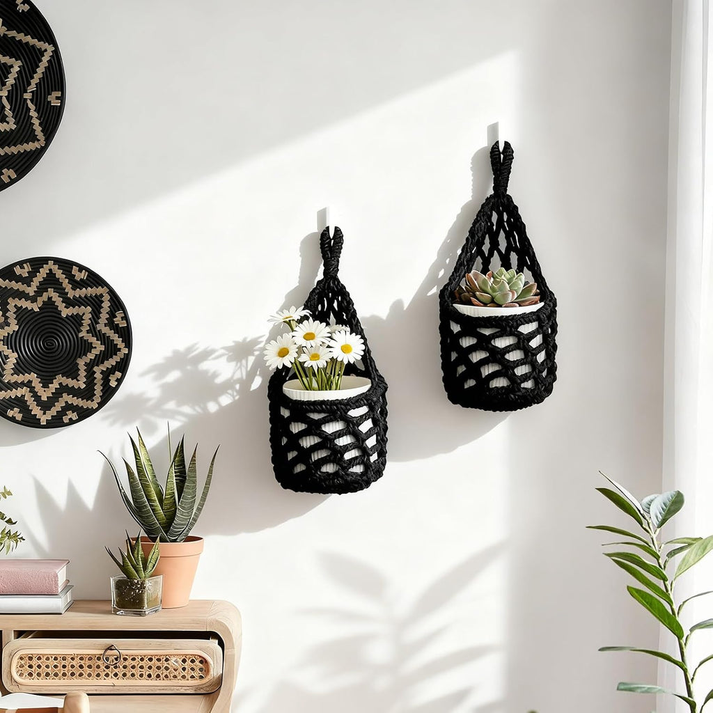 Macrame Wall Plant Hanger, Small Hanging Planter Basket Holder, Wall Planters for Indoor Plants, for Up to 4 Inch Pot (Black, 4-Inch)
