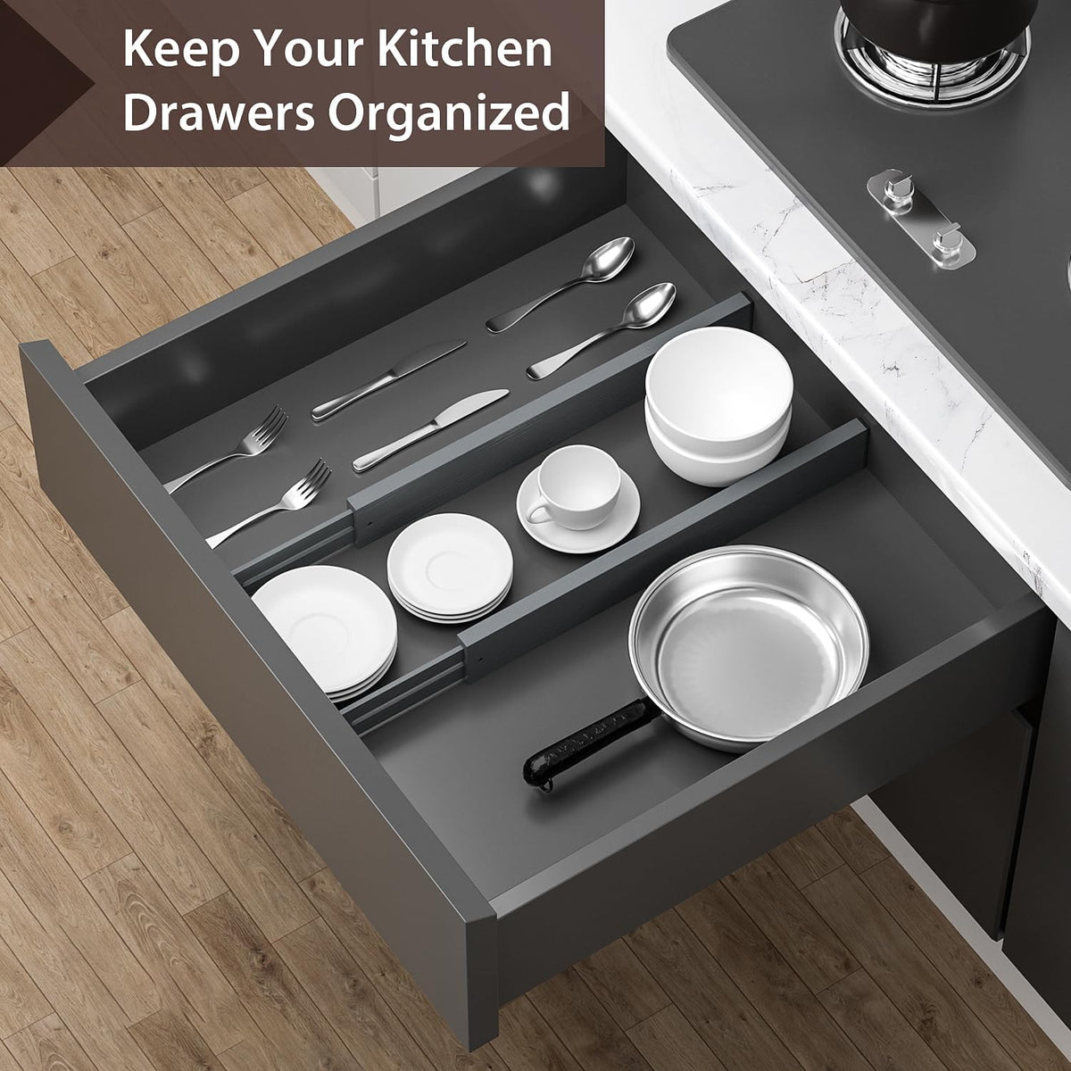 4 Pack Bamboo Drawer Dividers 17-22" Adjustable Kitchen Organizer, Gray