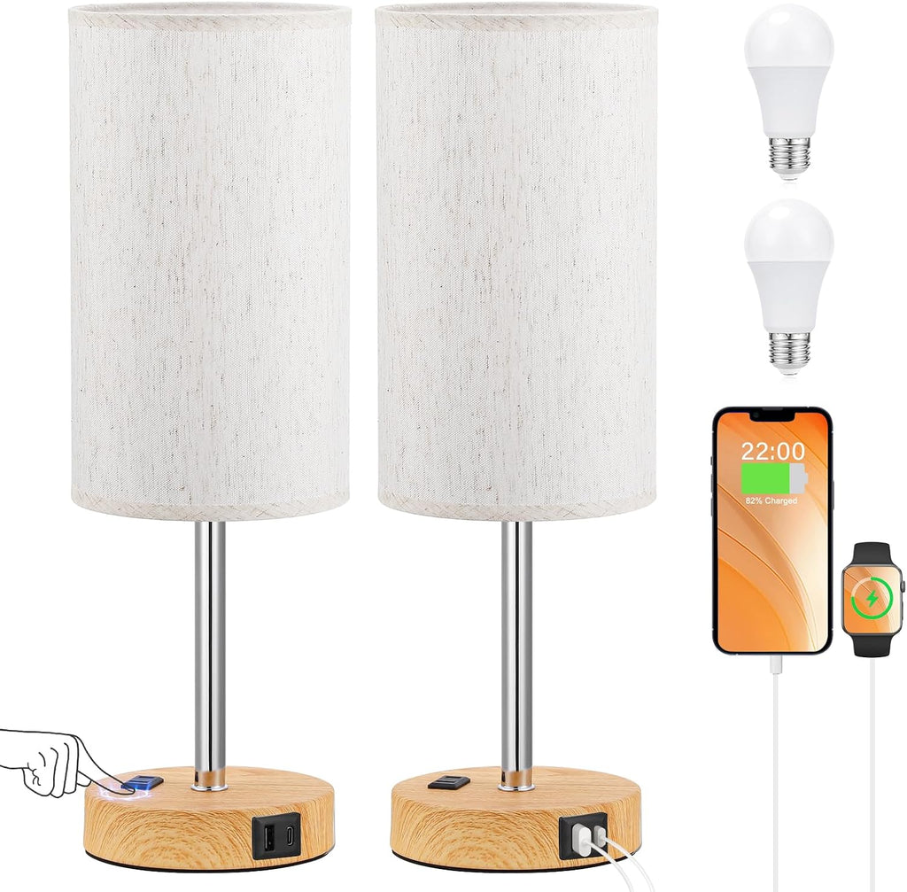 Touch Bedside Table Lamps Set of 2 - Bedroom Lamp with USB A+C, AC Outlet