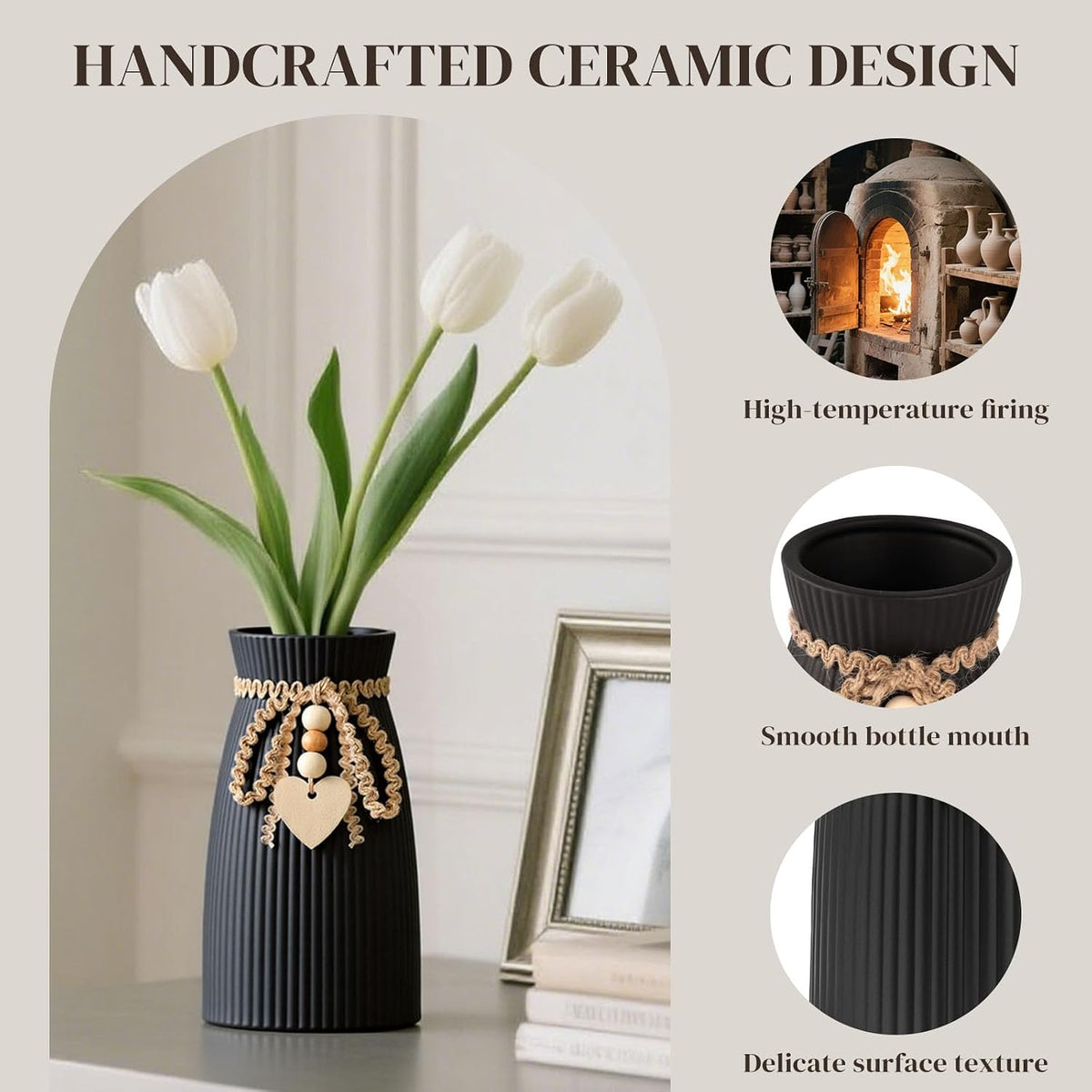 DomeStar Black Ceramic Vase, 6.3" Tall Flower Vase for Pampas Grass