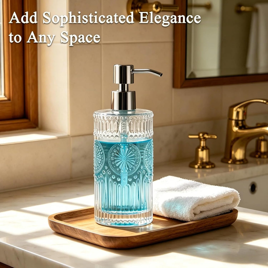 Vintage Glass Soap Dispenser, 16 fl oz Refillable Liquid Hand Soap Bottle with Pump, Sunflower Embossed Dish Soap Dispenser for Bathroom, Kitchen, Shower (Clear)