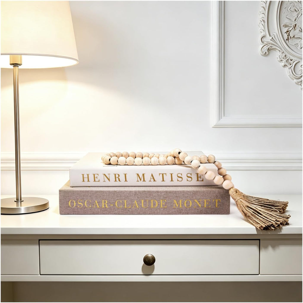 Decorative Books Set with Wood Bead Garland, Coffee Table Decor