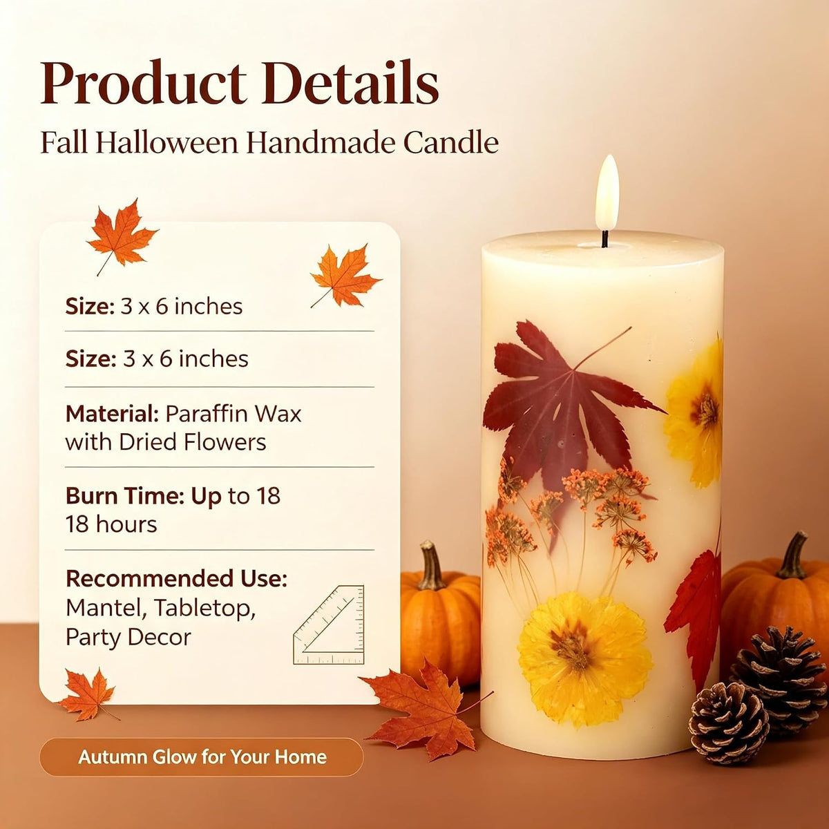 Fall Flameless Pillar Candles, Battery Operated with Remote & Timer, Real Wax Embedded Maple Leaf & Marigold, Straight Edge Unscented Led Candles for Halloween Thanksgiving Harvest Home Decor