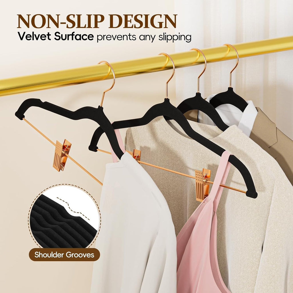 Black Velvet Felt Hangers, Adjustable Clips for Pants, Skirts