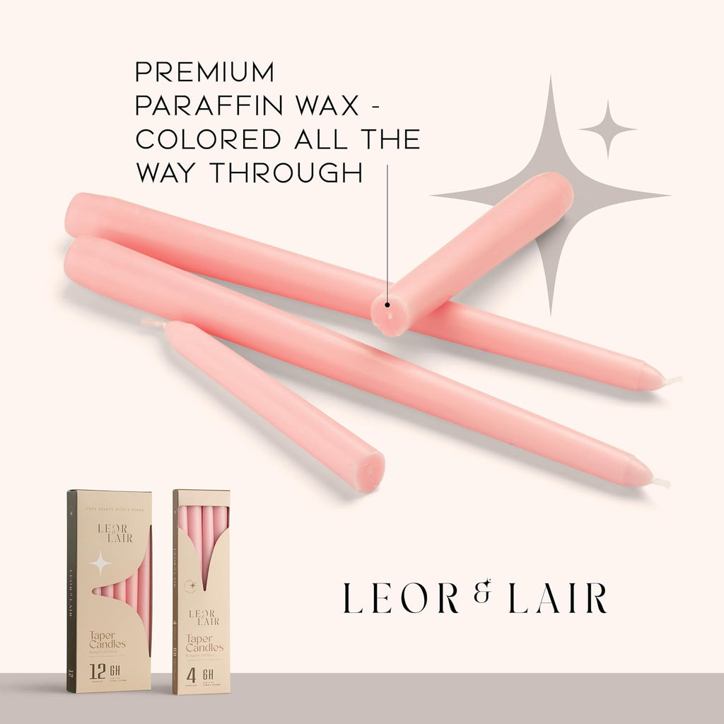 Leor & Lair Light Pink Taper Candles, 12 Pack, 10 Inch, Unscented