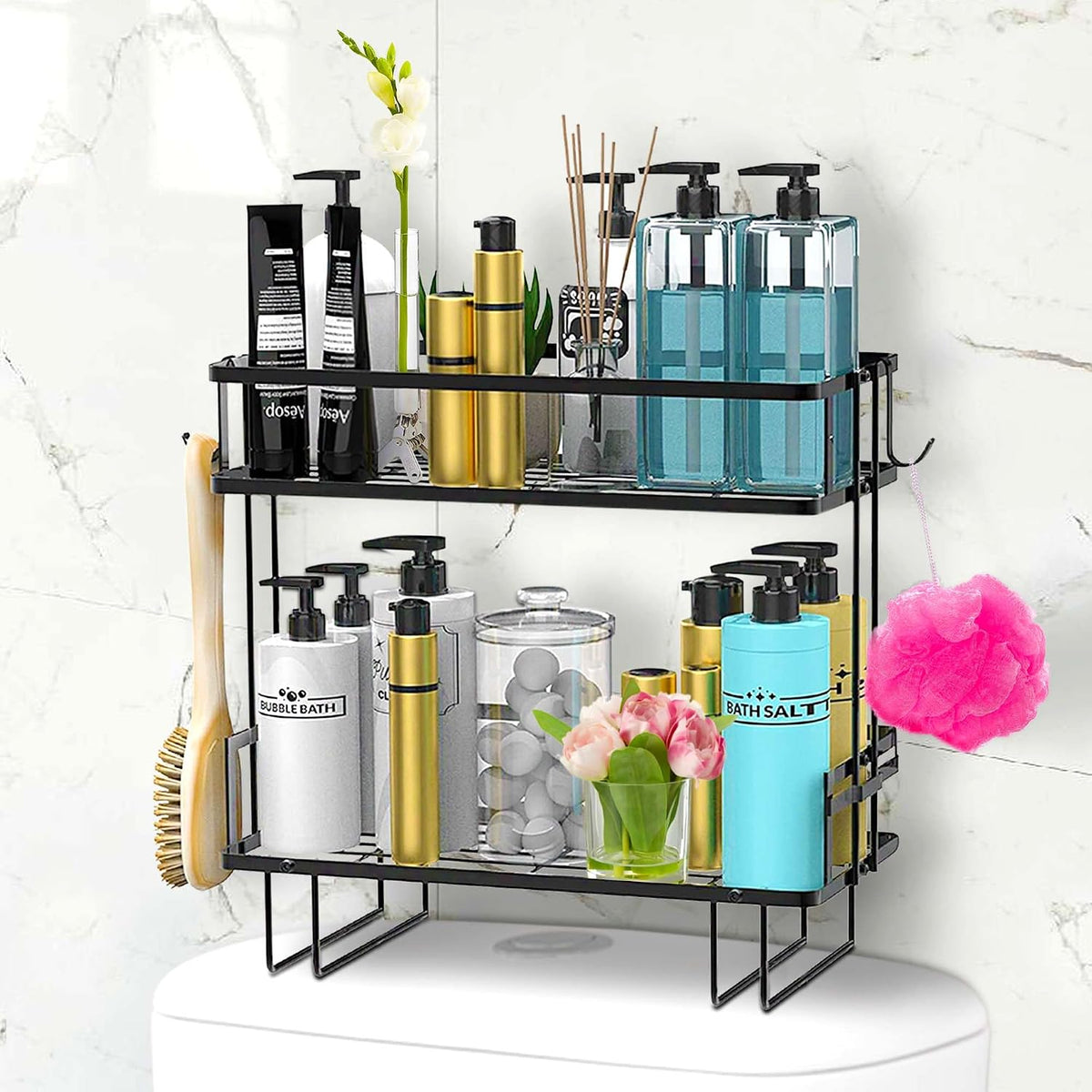 DINEST 2 Tier Over the Toilet Storage Shelf Rack Organizer, Sturdy Bathroom Organizer Shelves, Space Saver Multifunctional Wall Mounted Design, No Drilling Anti-Rust Bathroom - Black